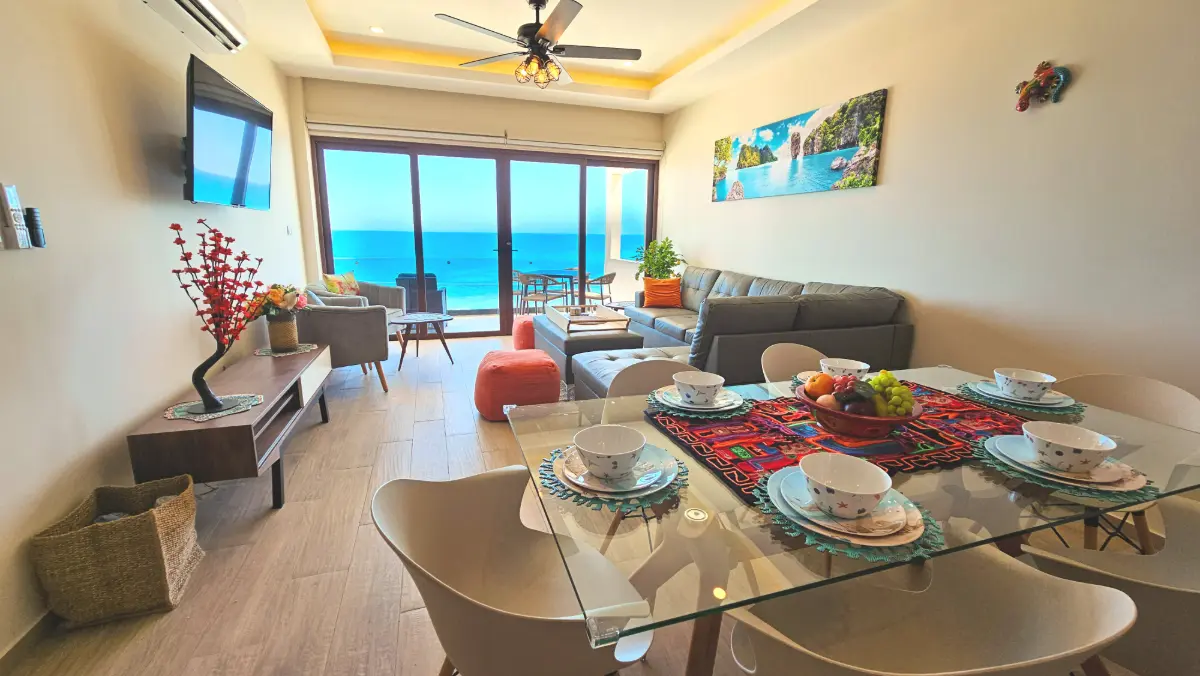 Balcony seating area overlooking the sea